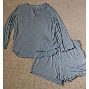 Lands End Pajama Set Womens Blue Size Medium 10/12 Shorts Long Sleeve Hi-Lo